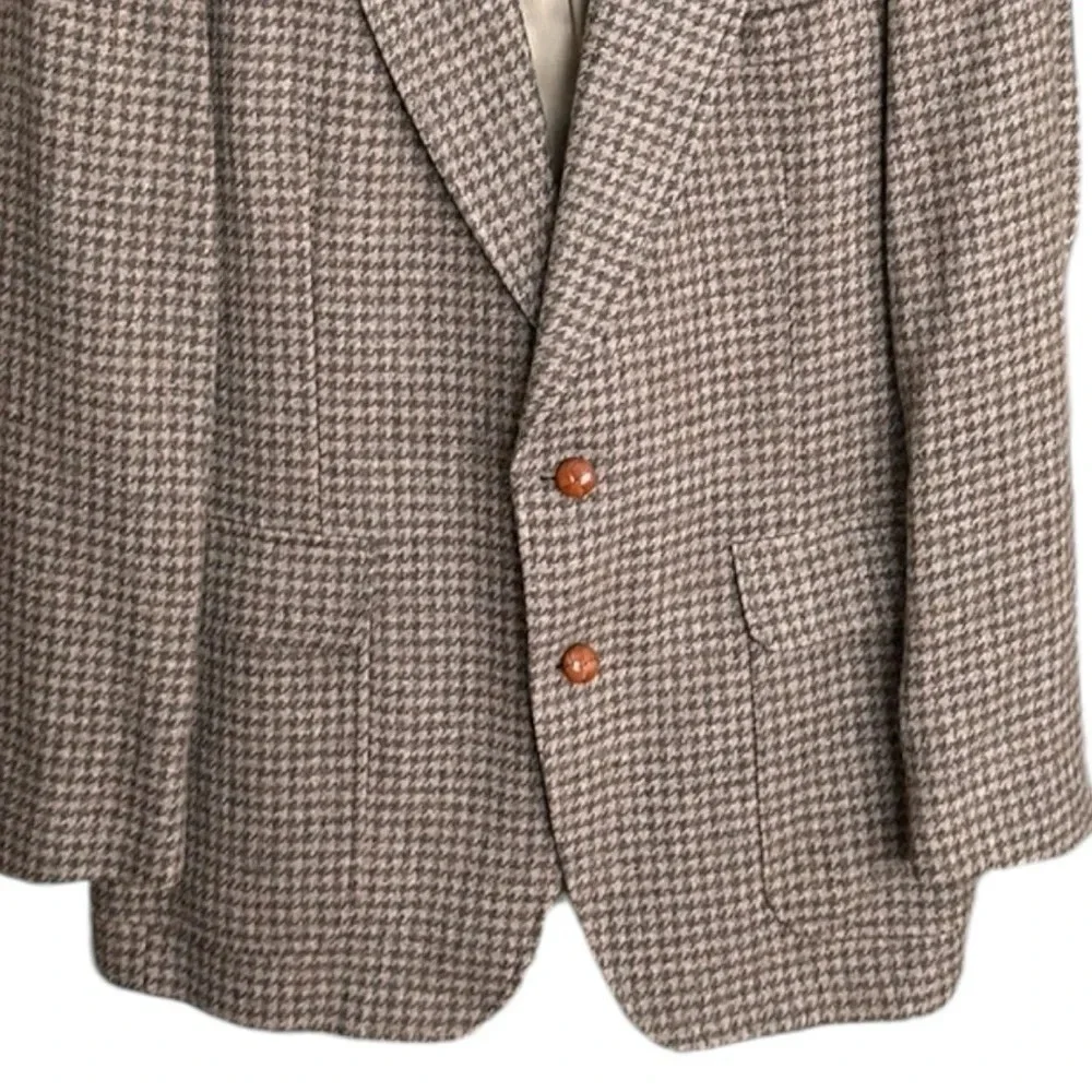 Vintage Wool Tan Houndstooth Sport Coat Blazer Academia‎ Career Elbow Patch 42L